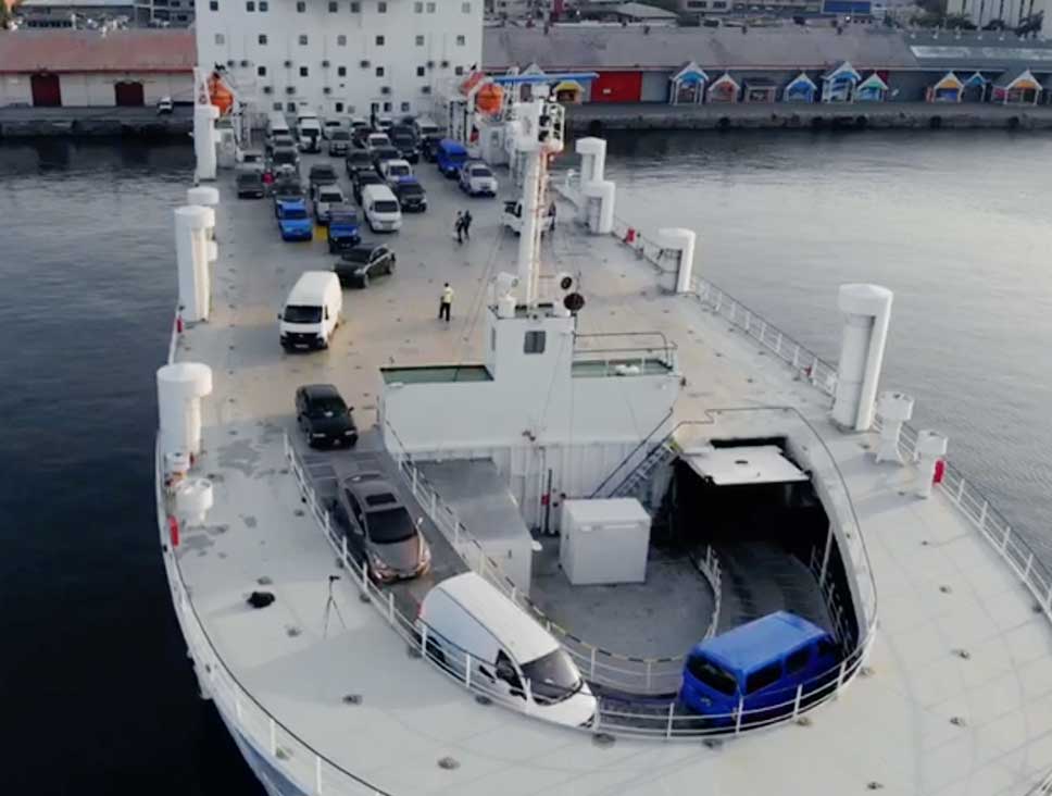Bridgemans cargo ferry Cabo Star unloading cars on deck